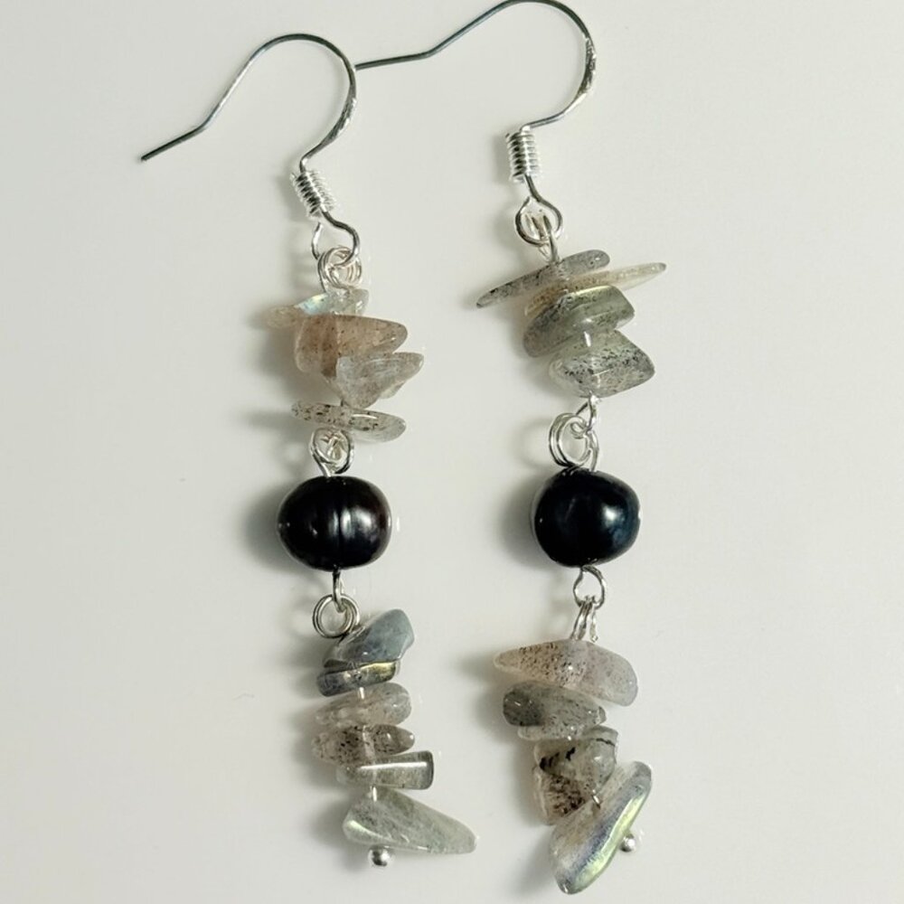 Labradorite & Freshwater Pearl Earrings, Natural Stone Dangle Earrings, Handmade - Picture 6 of 6